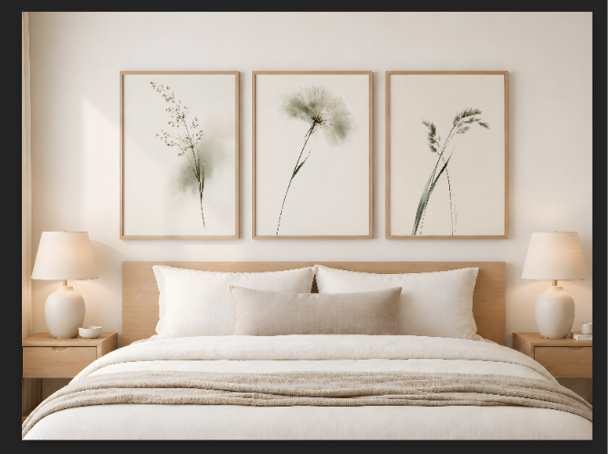 Quiet Botanicals set of 3 minimal botanical wall art prints above a neutral oak bed