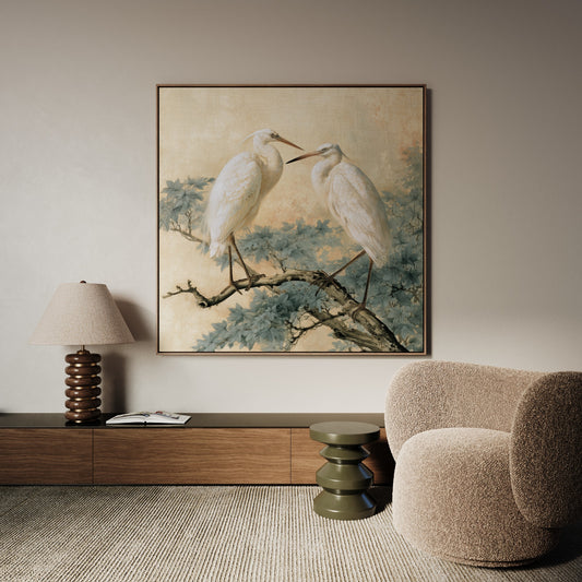 Quiet Companions square egret canvas wall art by Daisy & Co