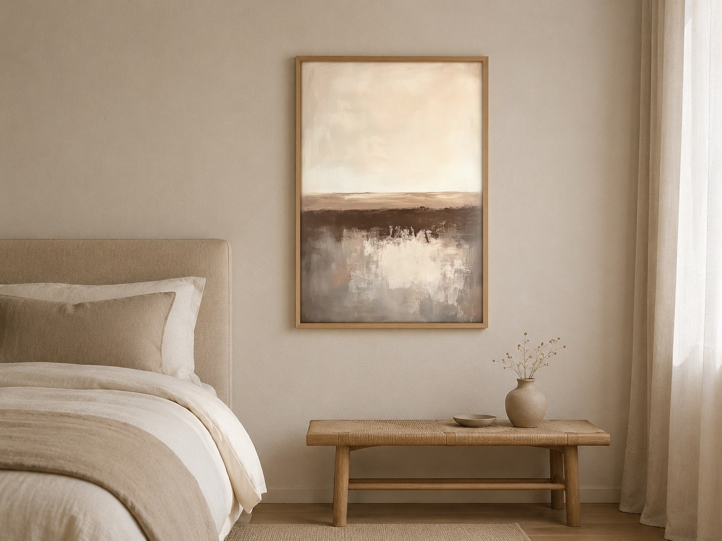 Quiet Earth framed neutral abstract artwork in a contemporary interior
