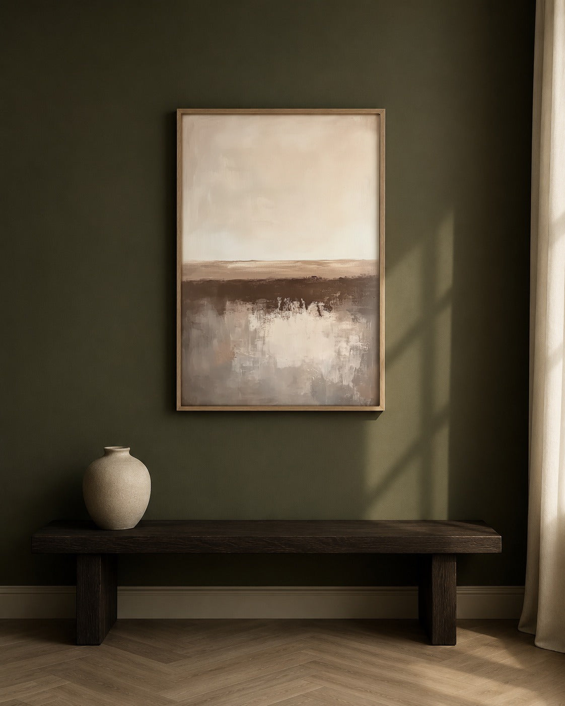 Quiet Earth neutral abstract landscape wall art, framed in a styled interior
