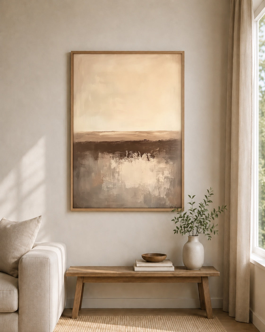 Quiet Earth framed wall art styled on an interior wall