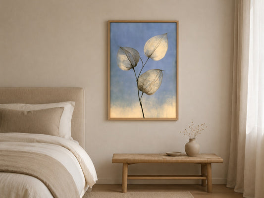Paper Leaves blue botanical wall art, framed in a styled interior