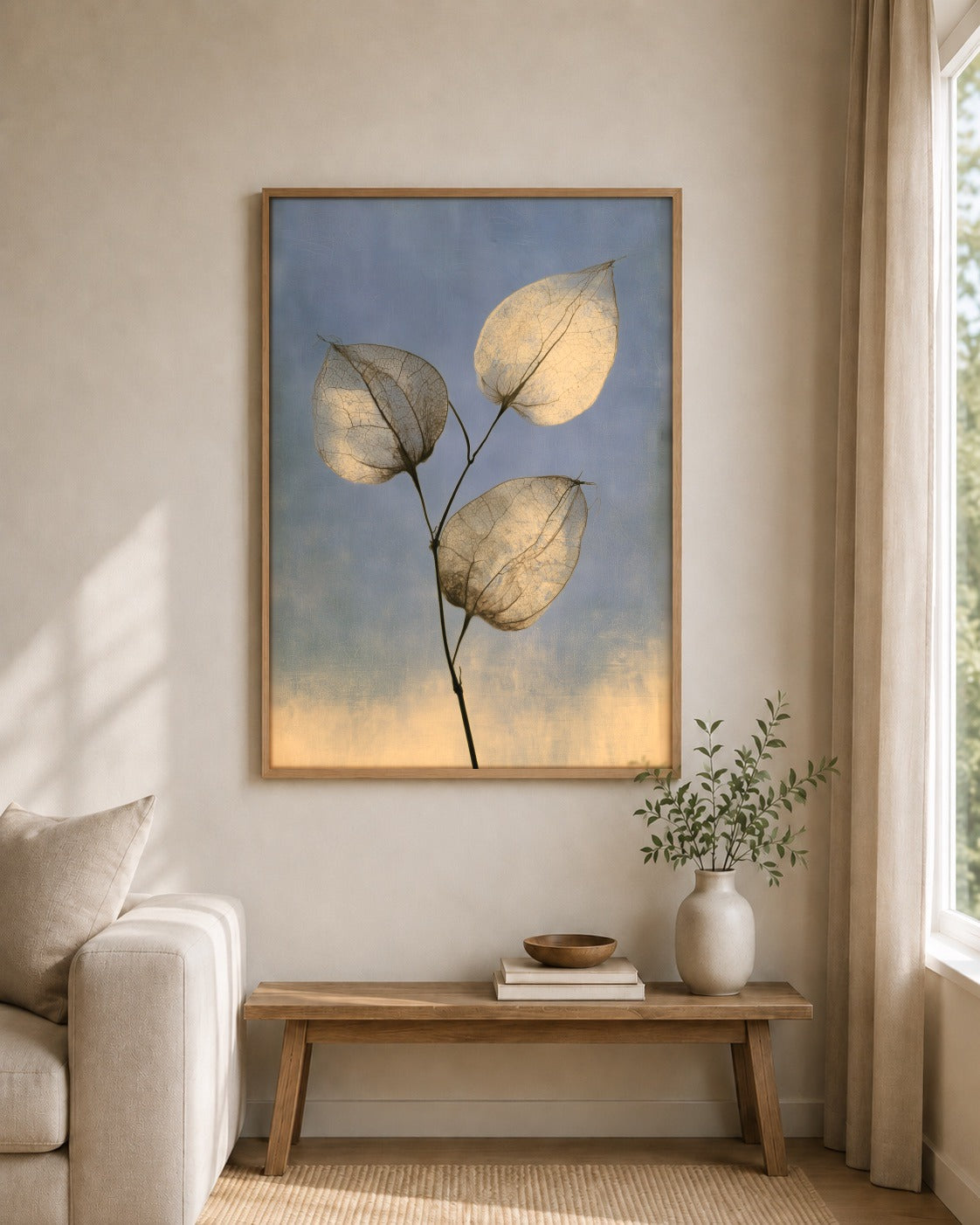 Paper Leaves framed wall art styled on an interior wall