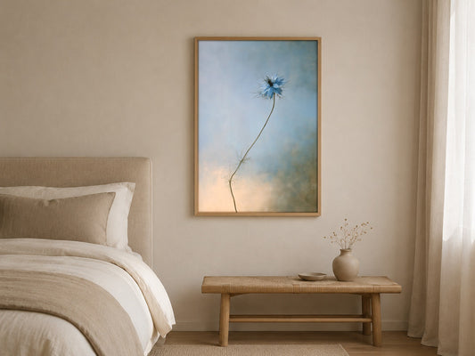 Wild Blue flower wall art, framed in a styled interior