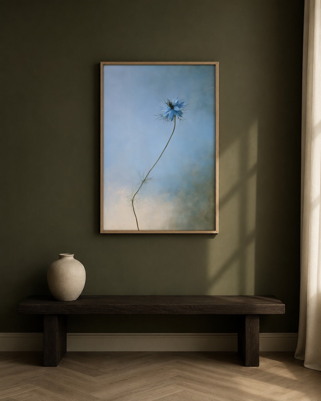 Wild Blue framed blue flower artwork in a contemporary interior