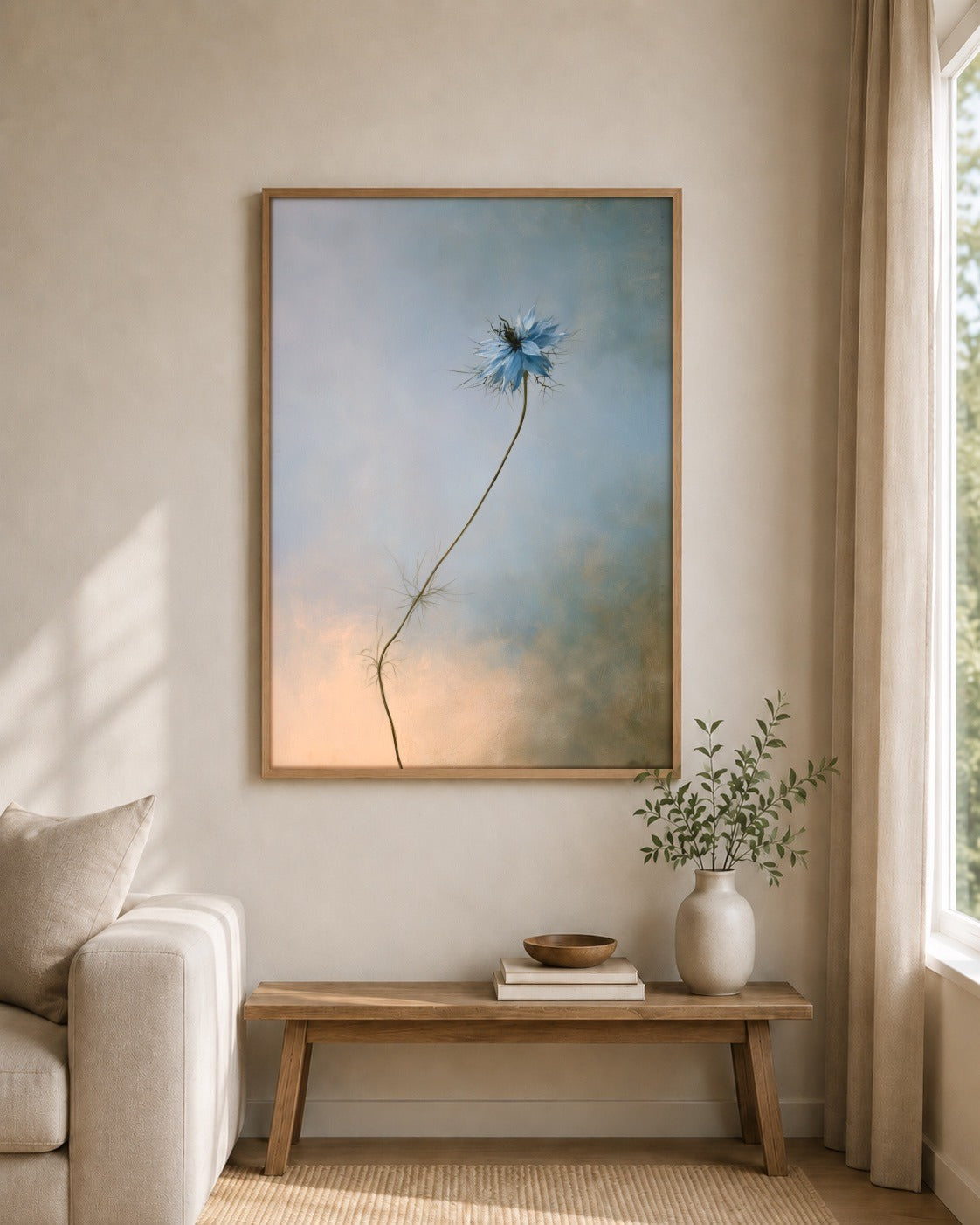 Wild Blue framed wall art styled on an interior wall