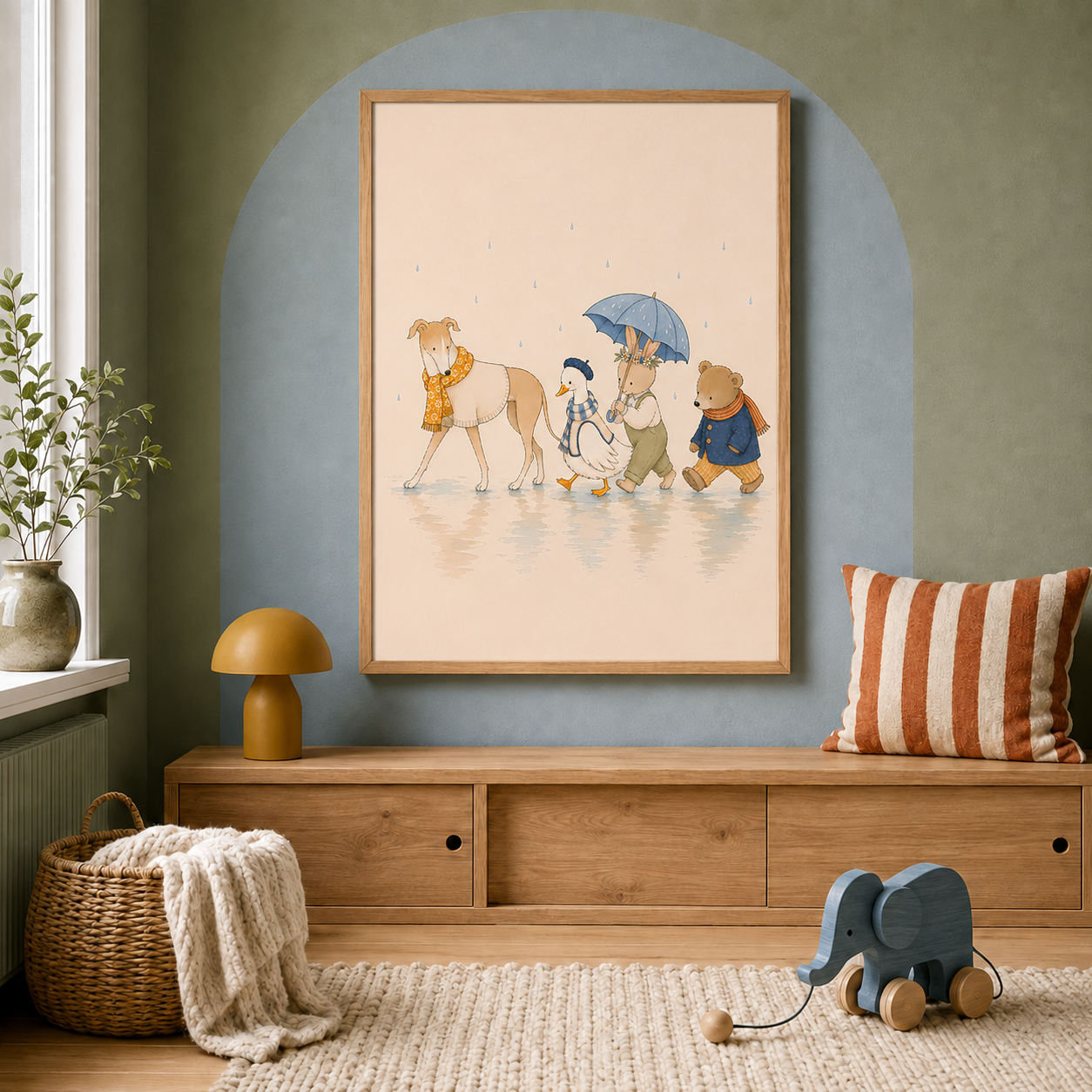 Rainy Day Parade Daisy and Friends nursery wall art in a colourful Scandinavian nursery