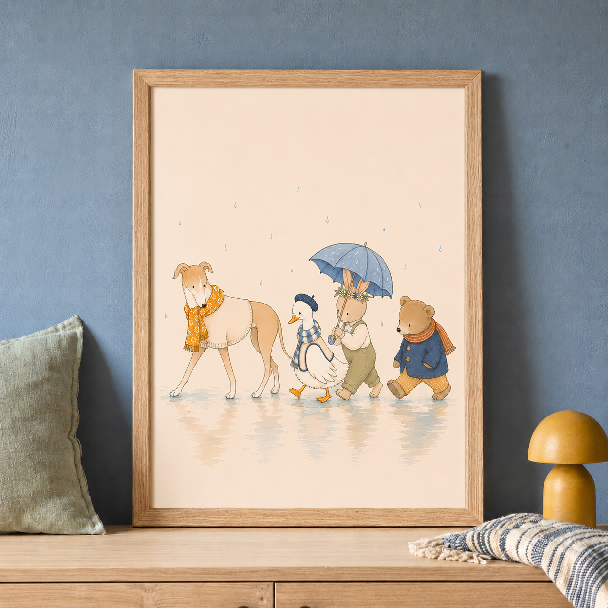 Rainy Day Parade nursery print in a natural oak frame
