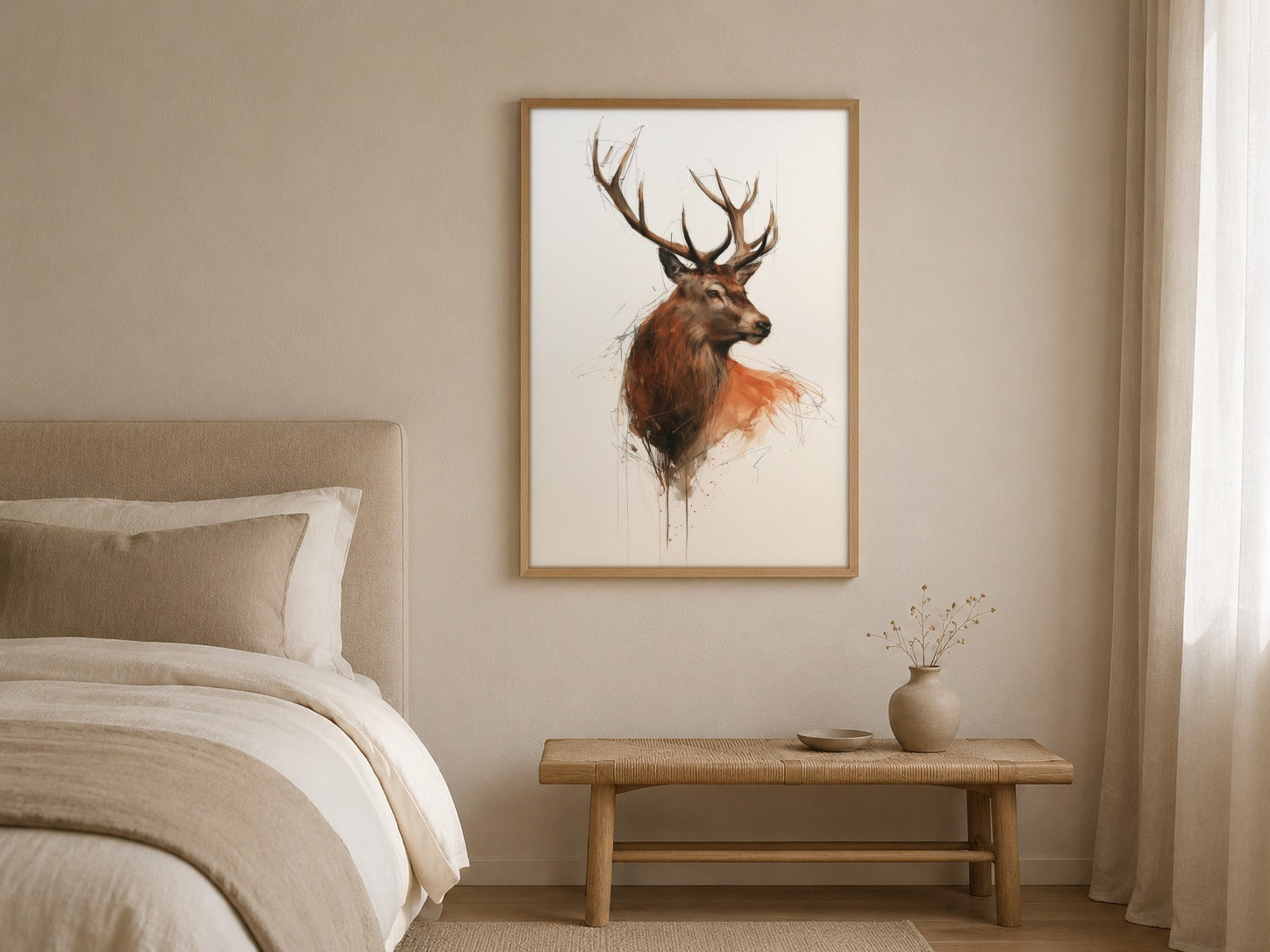 Red Deer Stag watercolour wildlife print, framed in a styled interior
