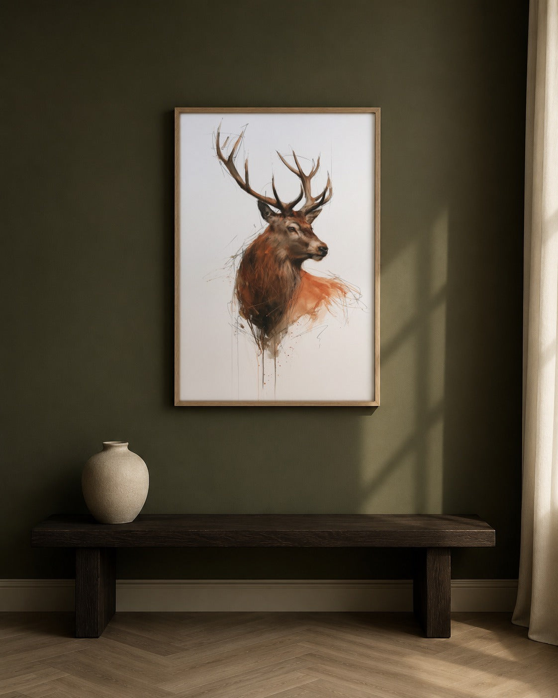 Red Deer Stag framed watercolour artwork in a contemporary interior