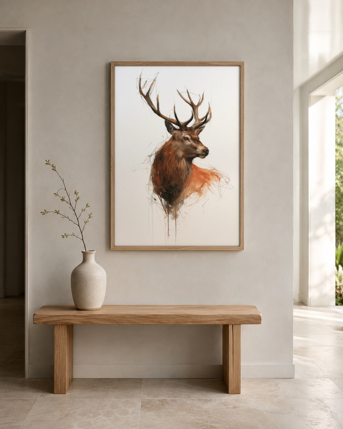 Red Deer Stag wildlife wall art displayed in a home interior