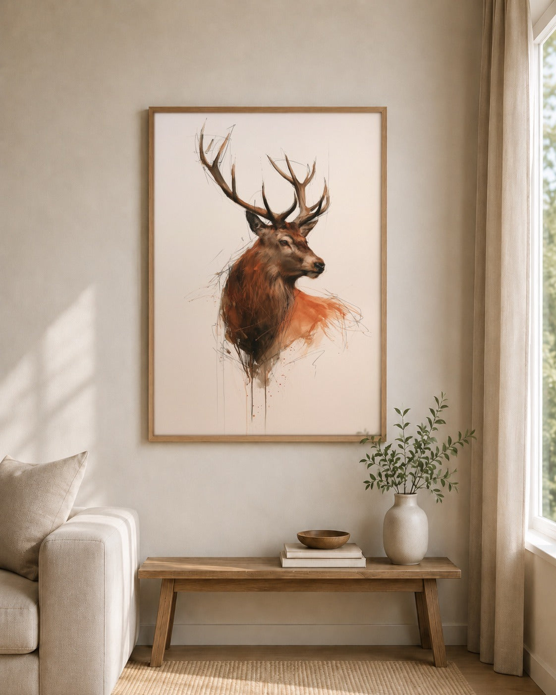 Red Deer Stag framed wall art styled on an interior wall
