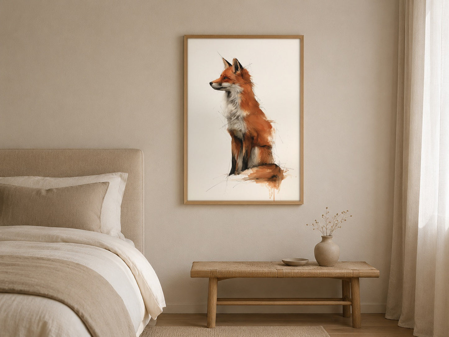 Red Fox watercolour wildlife print, framed in a styled interior