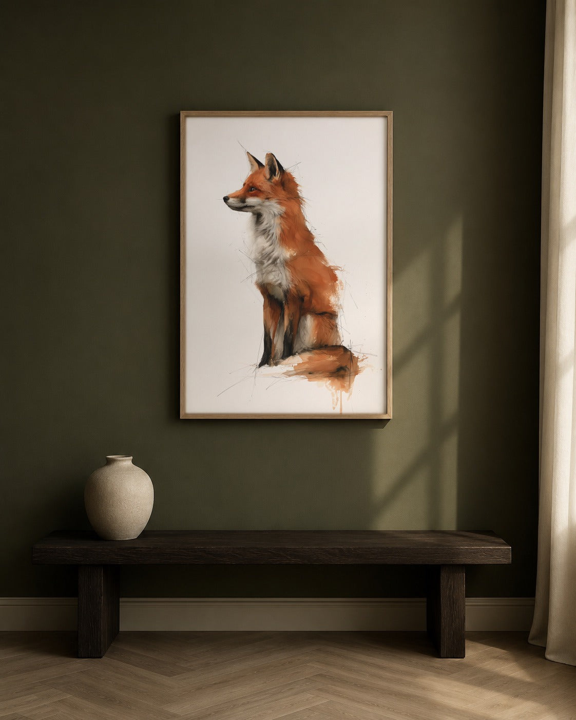 Red Fox framed watercolour artwork in a contemporary interior