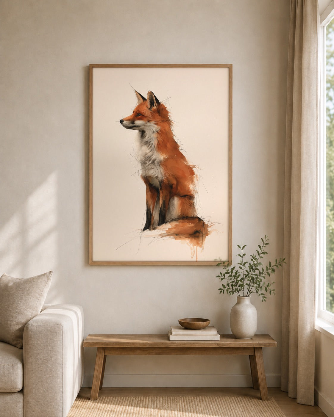 Red Fox framed wall art styled on an interior wall