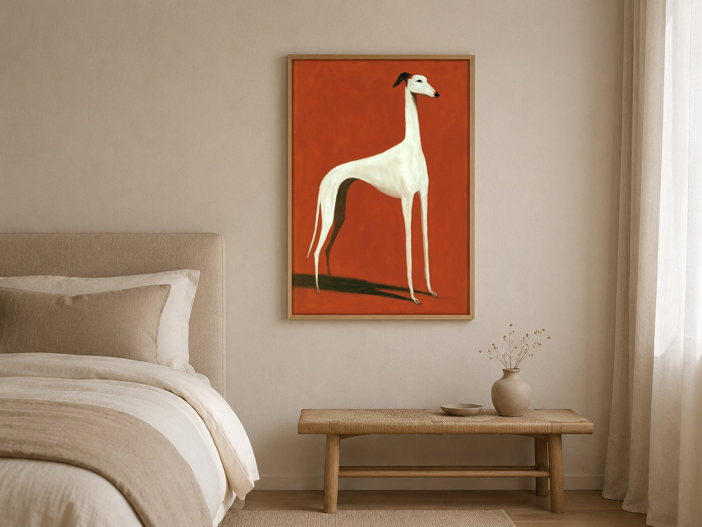 The White Hound greyhound wall art, framed in a styled interior