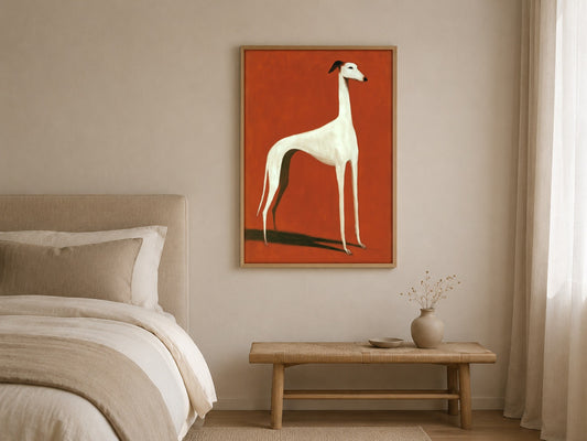 The White Hound greyhound wall art, framed in a styled interior