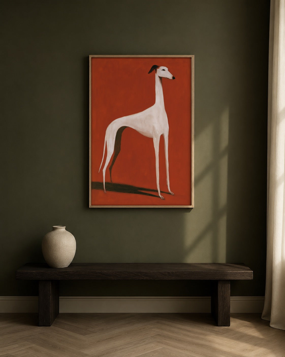 The White Hound framed greyhound artwork in a contemporary interior