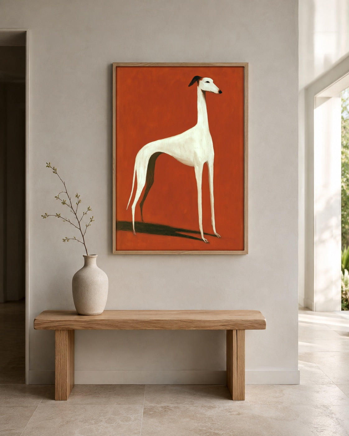 The White Hound rust orange greyhound wall art displayed in a home interior