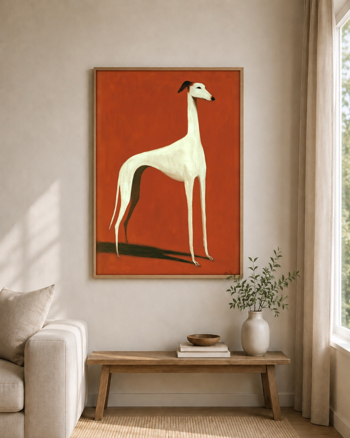 The White Hound framed wall art styled on an interior wall
