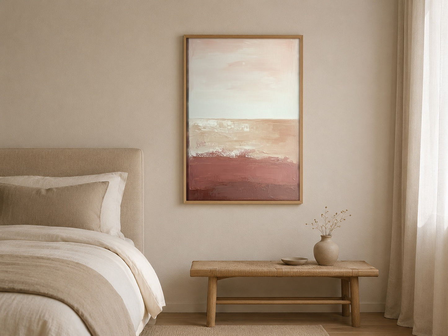 Rose Horizon blush terracotta abstract wall art, framed in a styled interior