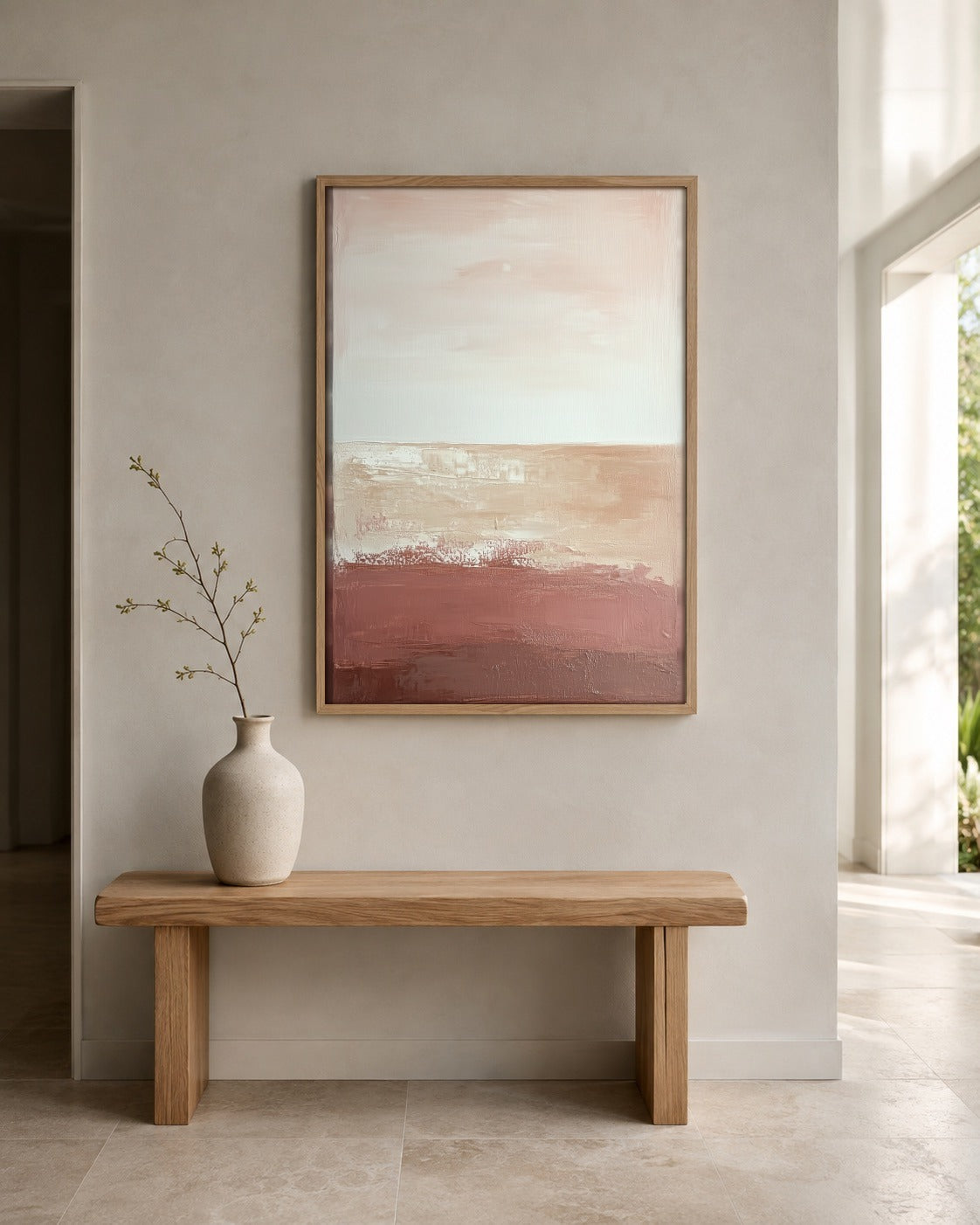 Rose Horizon blush landscape wall art displayed in a home interior