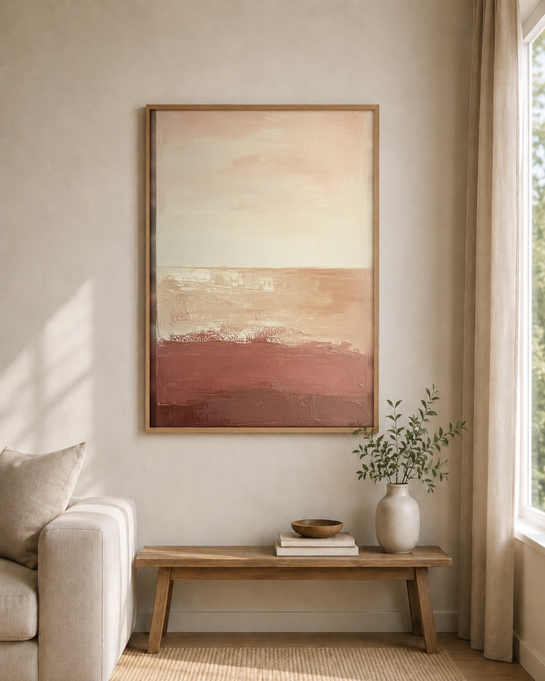 Rose Horizon framed wall art styled on an interior wall