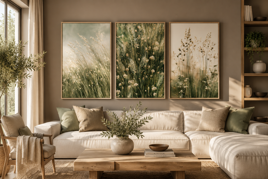 Sage Meadow set of 3 botanical wall art prints in a mushroom living room