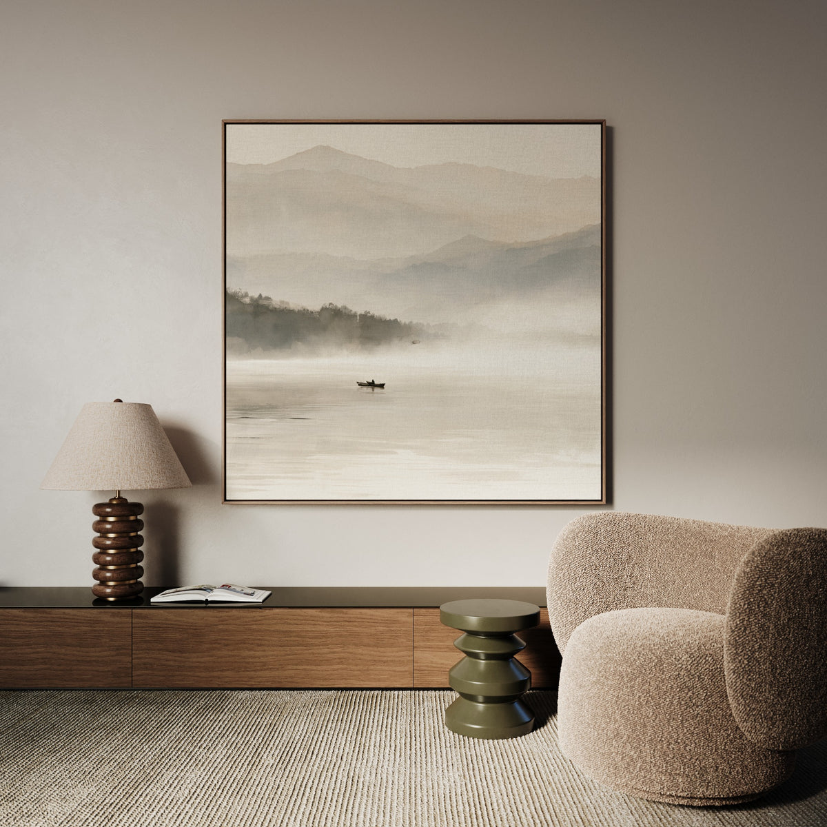 Silent Passage square Japandi misty lake canvas wall art by Daisy & Co