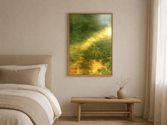 Light Through Green green abstract wall art, framed in a styled interior