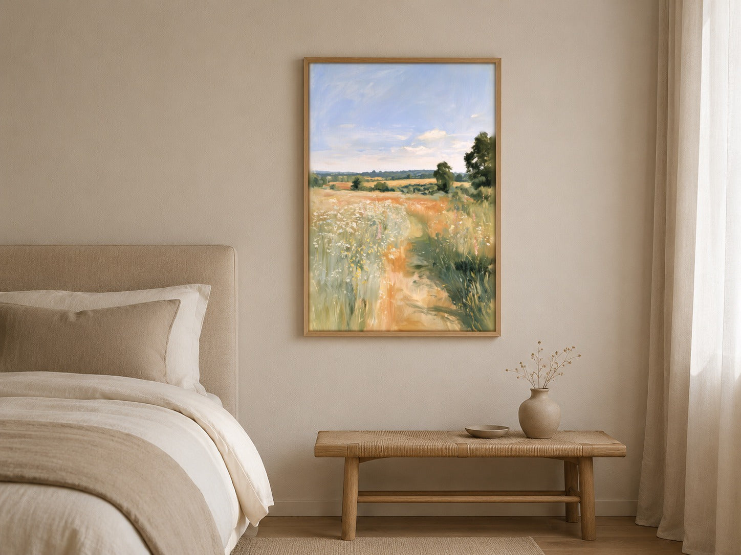 The Meadow Path countryside wall art, framed in a styled interior
