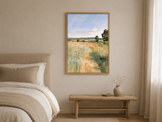 The Meadow Path countryside wall art, framed in a styled interior