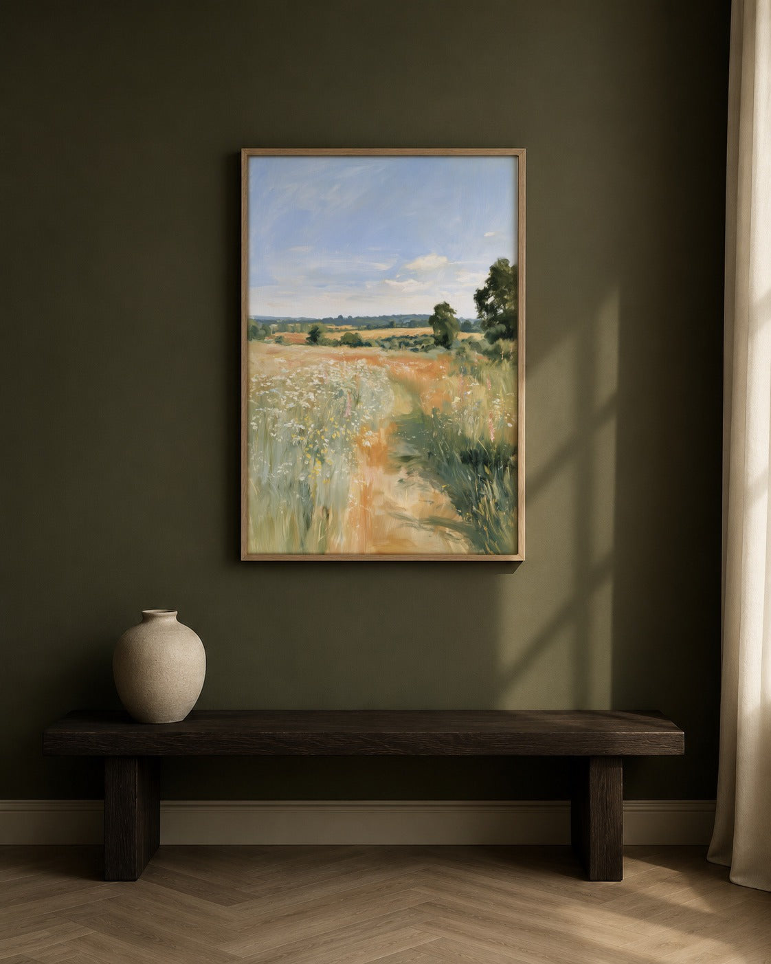 The Meadow Path framed meadow artwork in a contemporary interior