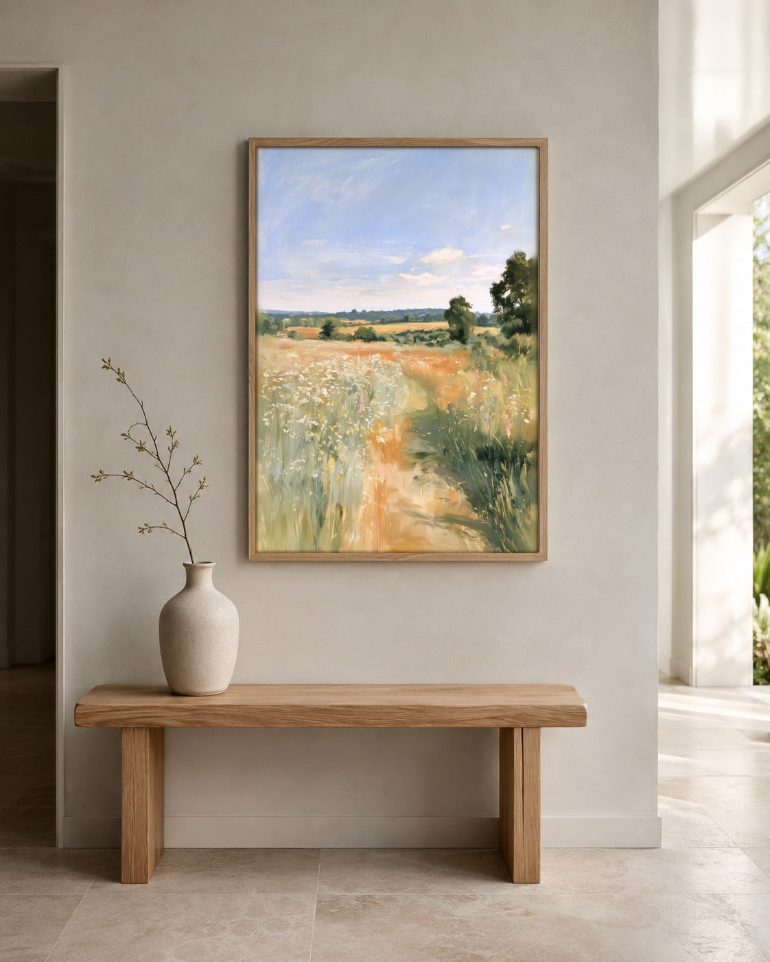 The Meadow Path summer landscape wall art displayed in a home interior