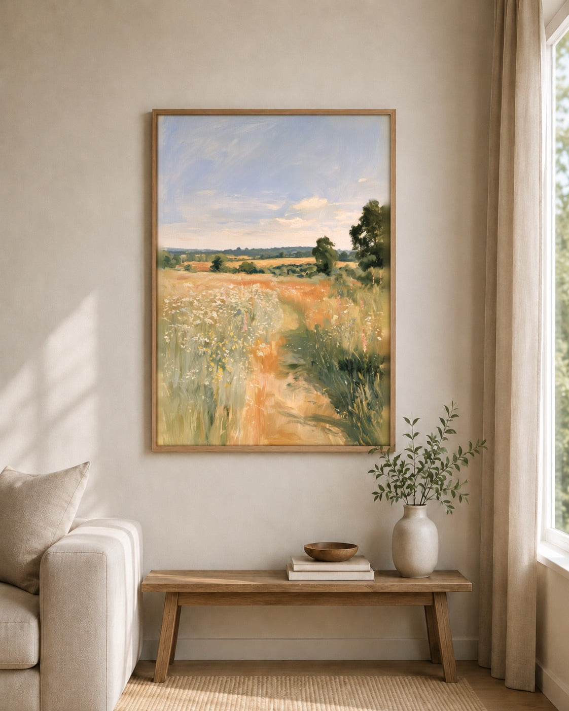 The Meadow Path framed wall art styled on an interior wall
