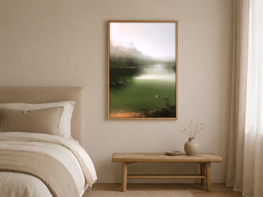 The Mist Channel misty lake wall art, framed in a styled interior