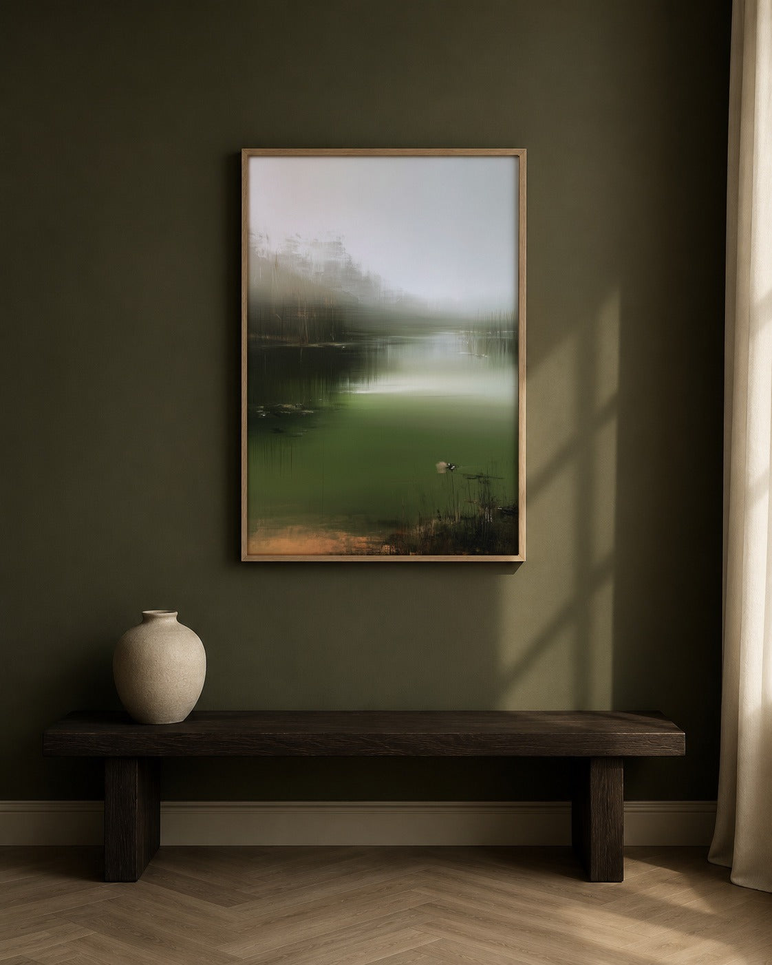 The Mist Channel framed green landscape artwork in a contemporary interior