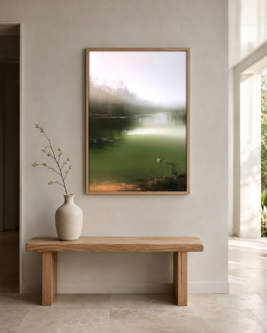 The Mist Channel lake wall art displayed in a home interior