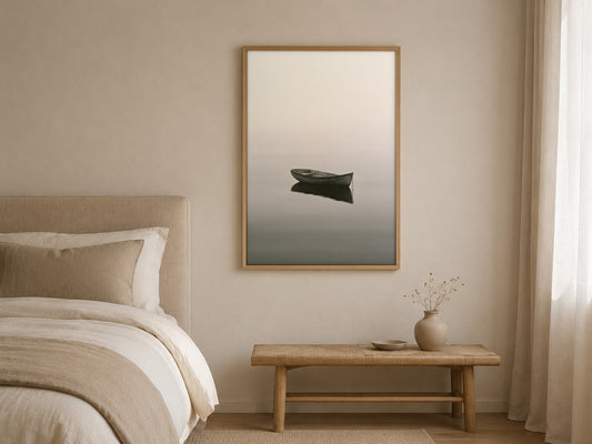 The Waiting Boat minimal boat wall art, framed in a styled interior