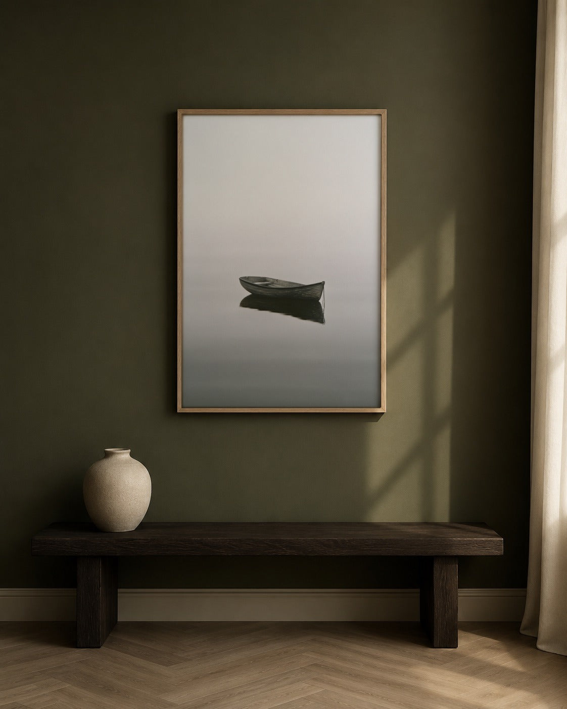 The Waiting Boat framed boat artwork in a contemporary interior