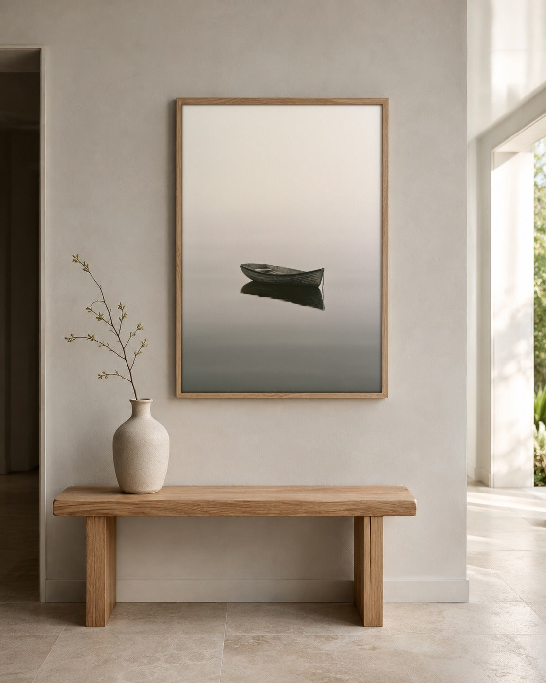 The Waiting Boat minimal wall art displayed in a home interior