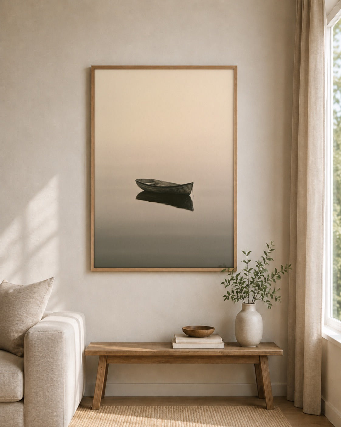 The Waiting Boat framed wall art styled on an interior wall