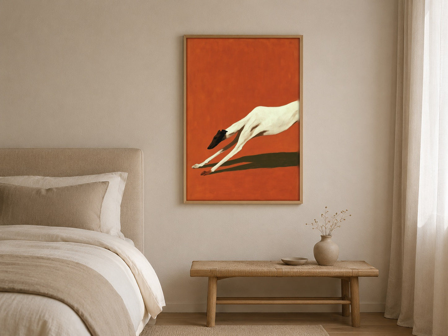 The Long Stretch greyhound wall art, framed in a styled interior