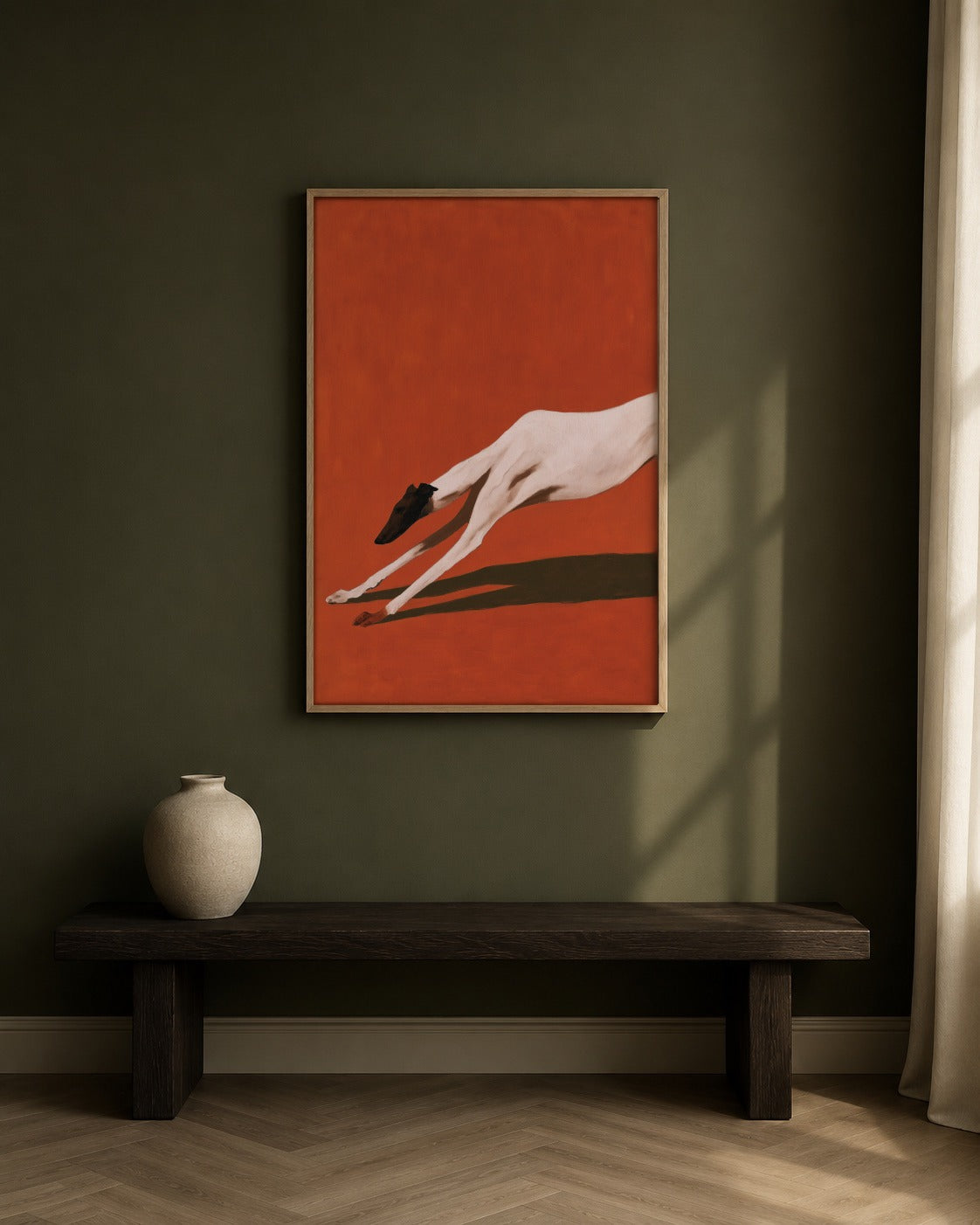 The Long Stretch framed greyhound artwork in a contemporary interior