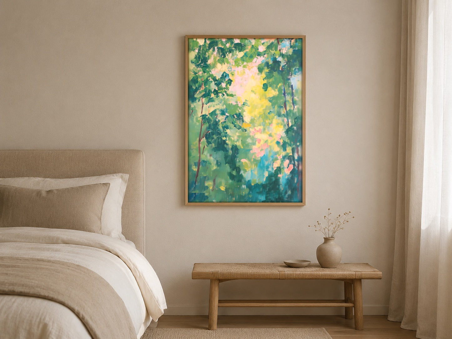 Summer Canopy green woodland abstract wall art, framed in a styled interior
