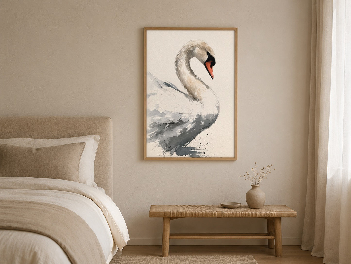 Swan watercolour bird print, framed in a styled interior