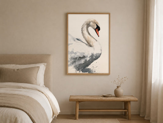 Swan watercolour bird print, framed in a styled interior