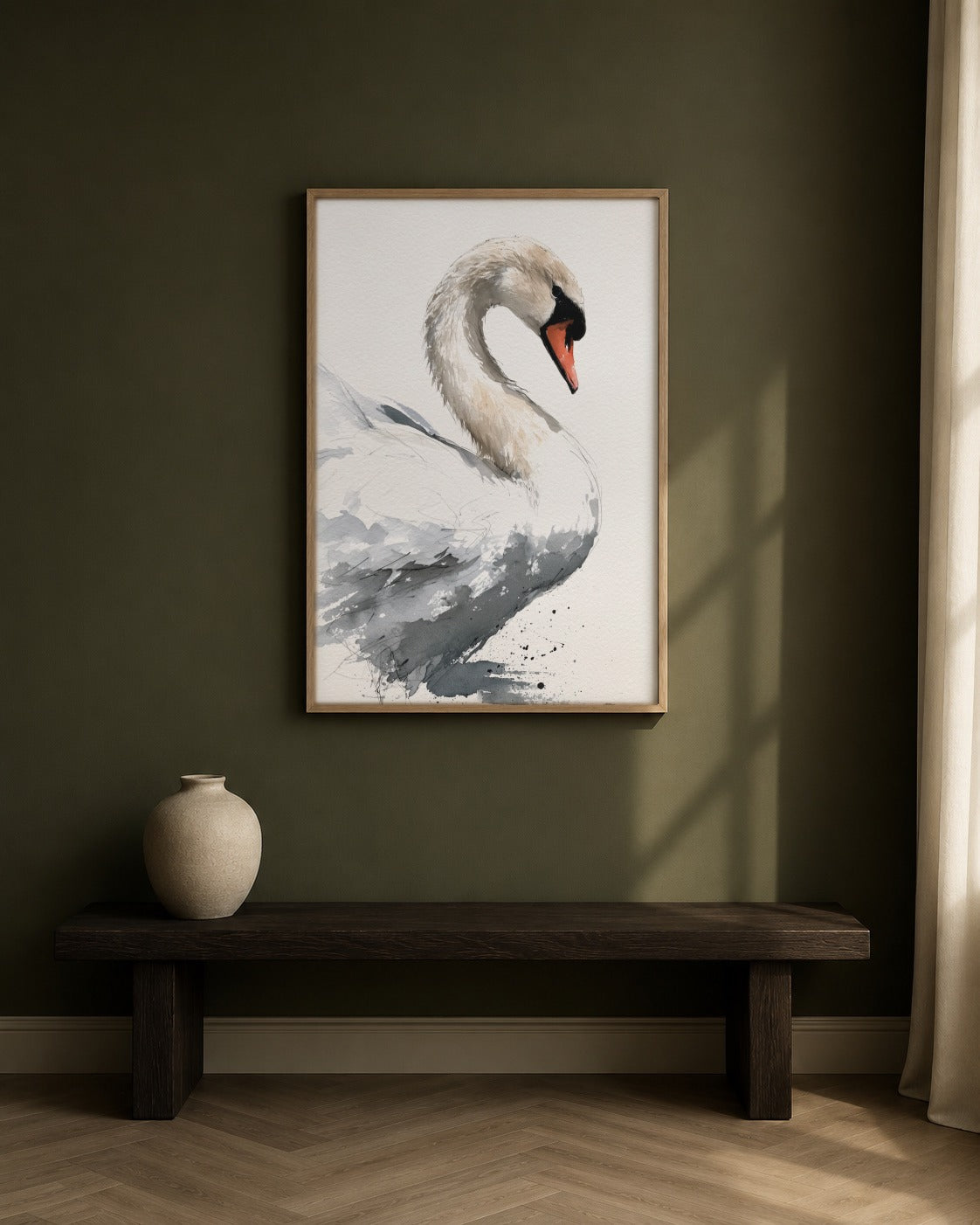 Swan framed watercolour artwork in a contemporary interior