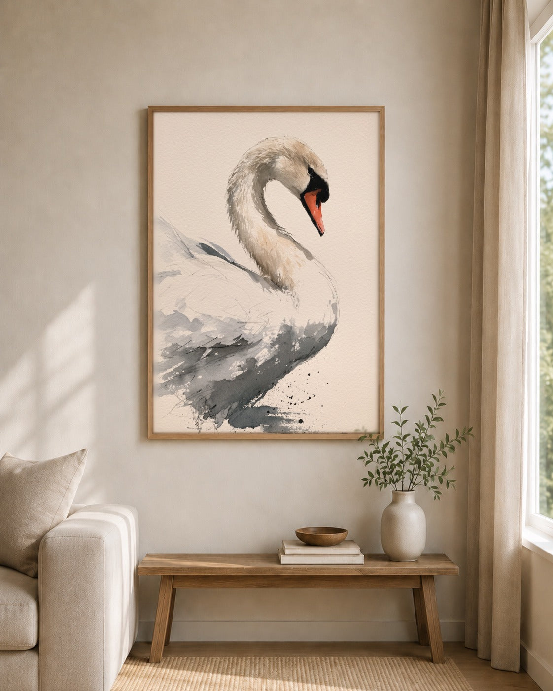 Swan framed wall art styled on an interior wall