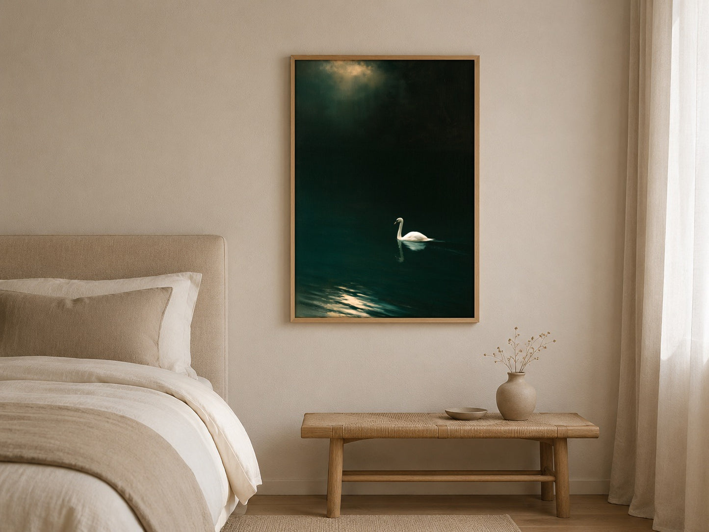 Night Swan swan wall art, framed in a styled interior